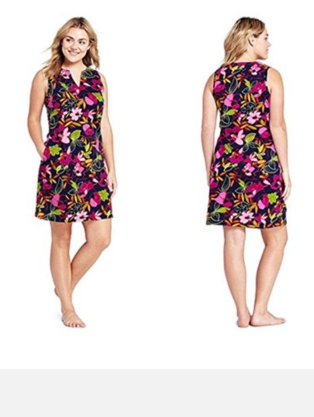 Lands' End Cotton Jersey Vibrant Purple Floral Shift Dress Pockets Medium Petite